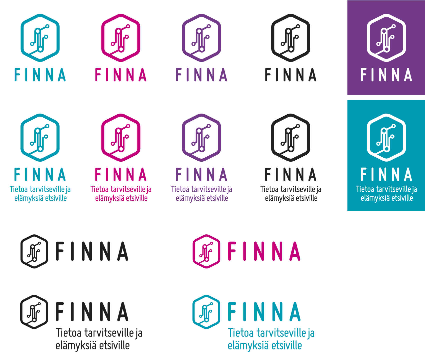Esimerkkejä Finna-tunnuksen eri versioista ja värivariaatioista.